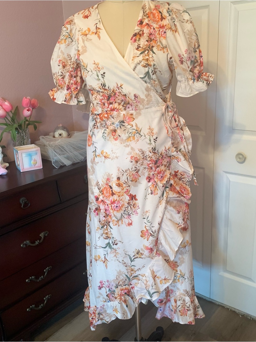 A LOVES A Floral High-Low Ruffled Hem Side Tie Wrap Midi Dress